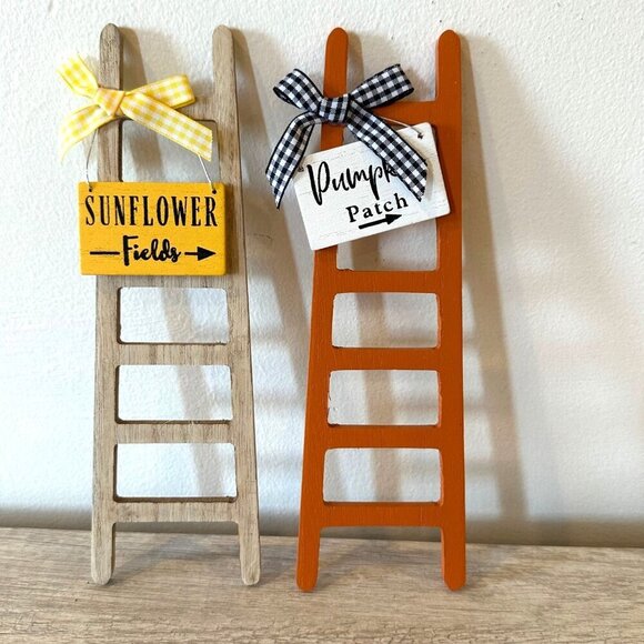 Fall Mini Ladder Signs Set 2pc Sunflower Pumpkin Patch 11in Tier Tray Decor - Picture 2 of 11